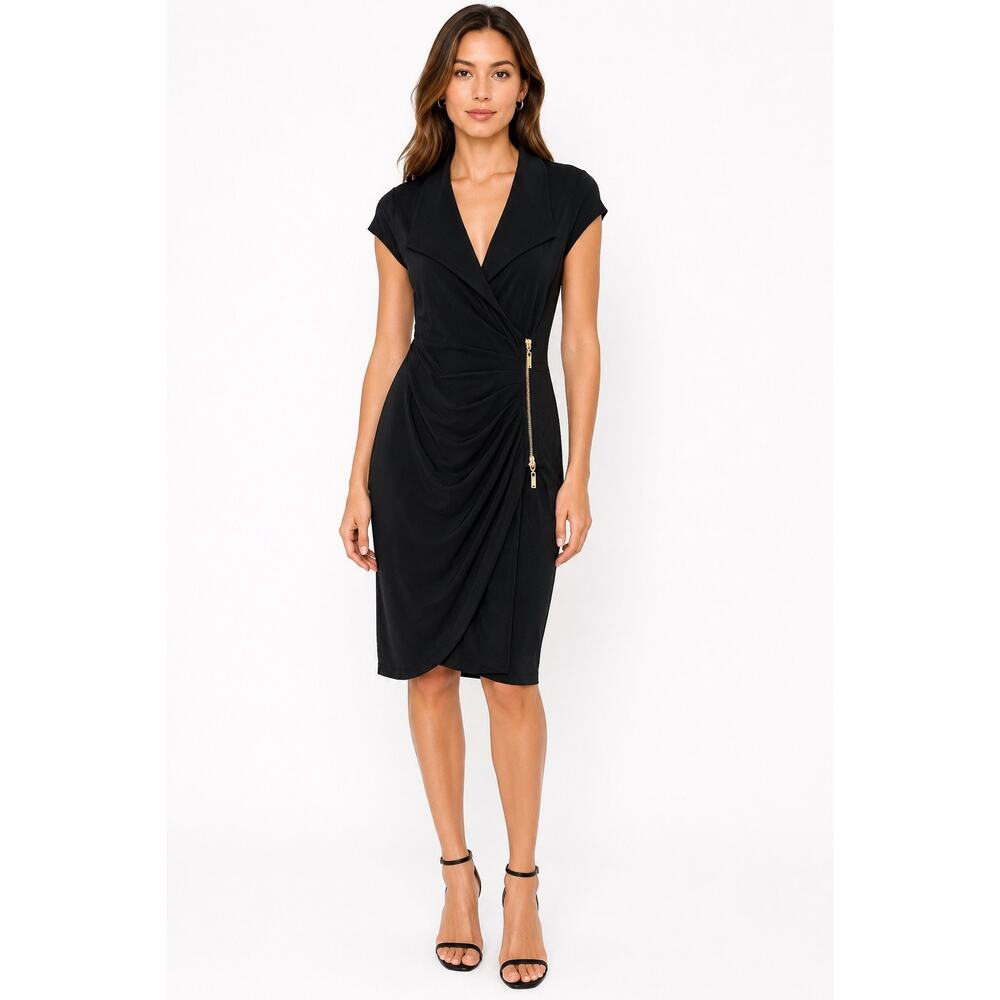 1990s Cache Black Stretch Faux Wrap Zip Dress Women’s XS S